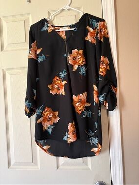 Maurices Black Floral V-Neck Blouse with Orange and Teal Accents